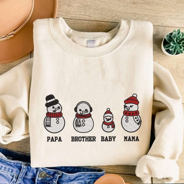 Snowman Christmas Embroidered Sweatshirt, Personalized Embroidered Sweatshirt For Family