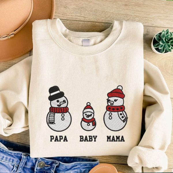 Snowman Christmas Embroidered Sweatshirt, Personalized Embroidered Sweatshirt For Family