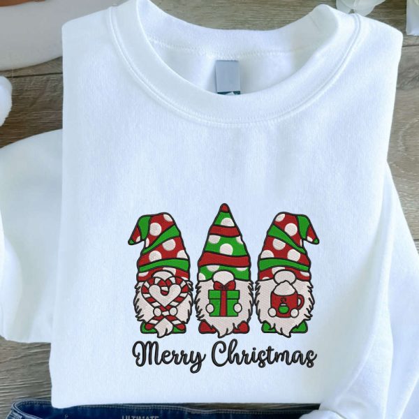 Christmas Gnomes Embroidered Sweatshirt, Embroidered Sweatshirt Gift For Family
