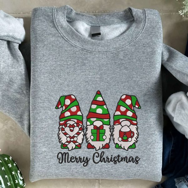 Christmas Gnomes Embroidered Sweatshirt, Embroidered Sweatshirt Gift For Family