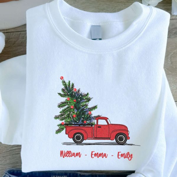 Custom Embroidered Christmas Truck Sweatshirt, Embroidered Sweatshirt For Christmas