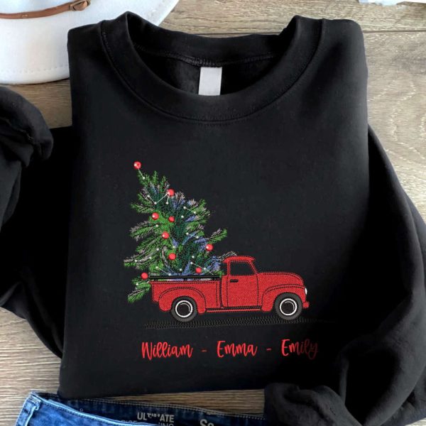 Custom Embroidered Christmas Truck Sweatshirt, Embroidered Sweatshirt For Christmas