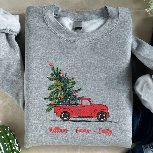 Custom Embroidered Christmas Truck Sweatshirt, Embroidered Sweatshirt For Christmas