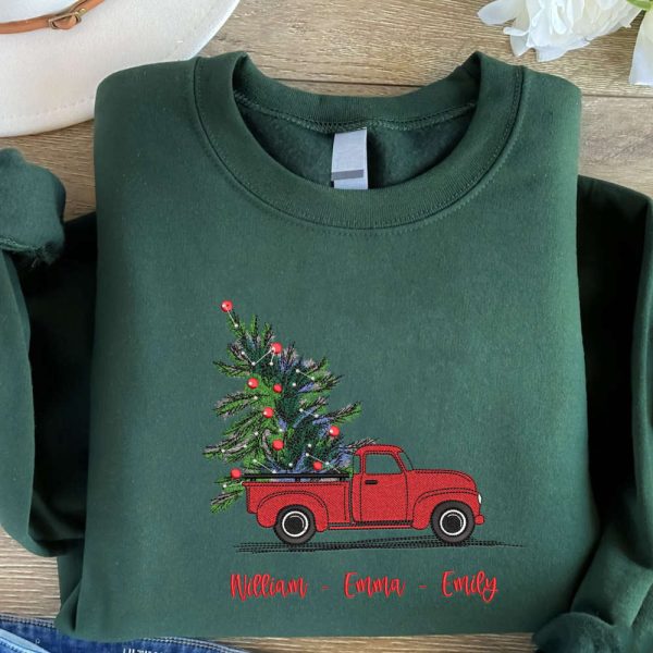 Custom Embroidered Christmas Truck Sweatshirt, Embroidered Sweatshirt For Christmas