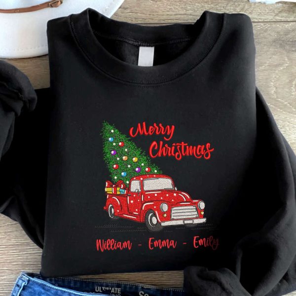 Custom Embroidered Christmas Truck Sweatshirt, Embroidered Sweatshirt Gift For Family