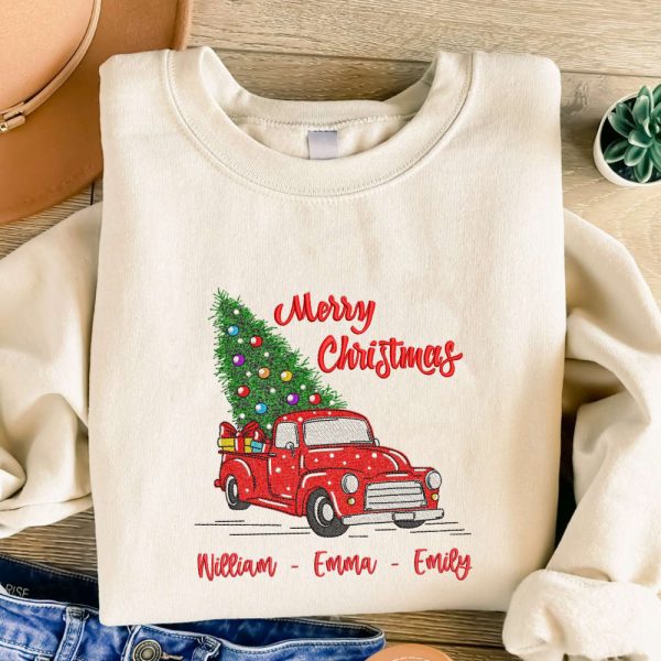Custom Embroidered Christmas Truck Sweatshirt, Embroidered Sweatshirt Gift For Family