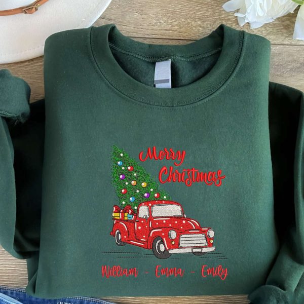 Custom Embroidered Christmas Truck Sweatshirt, Embroidered Sweatshirt Gift For Family