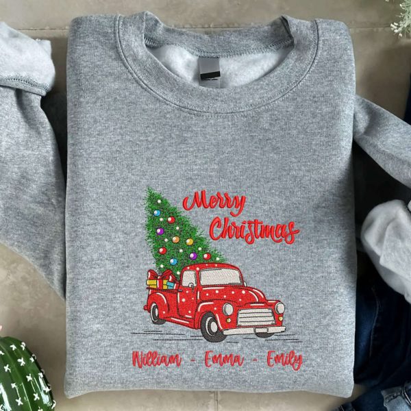 Custom Embroidered Christmas Truck Sweatshirt, Embroidered Sweatshirt Gift For Family