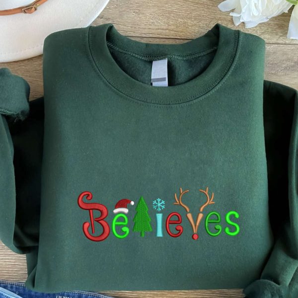 Christmas Believes Embroidered Sweatshirt, Christmas Embroidery Crewneck For Family