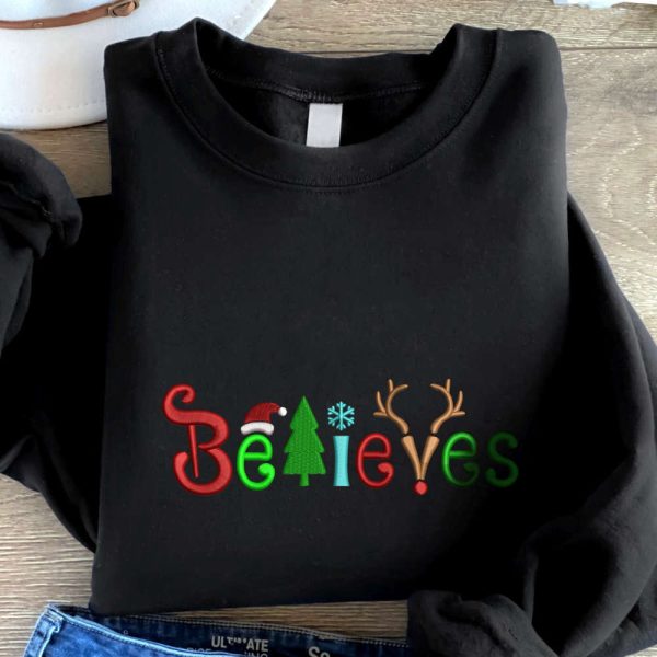 Christmas Believes Embroidered Sweatshirt, Christmas Embroidery Crewneck For Family