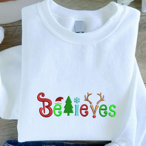 Christmas Believes Embroidered Sweatshirt, Christmas Embroidery Crewneck For Family