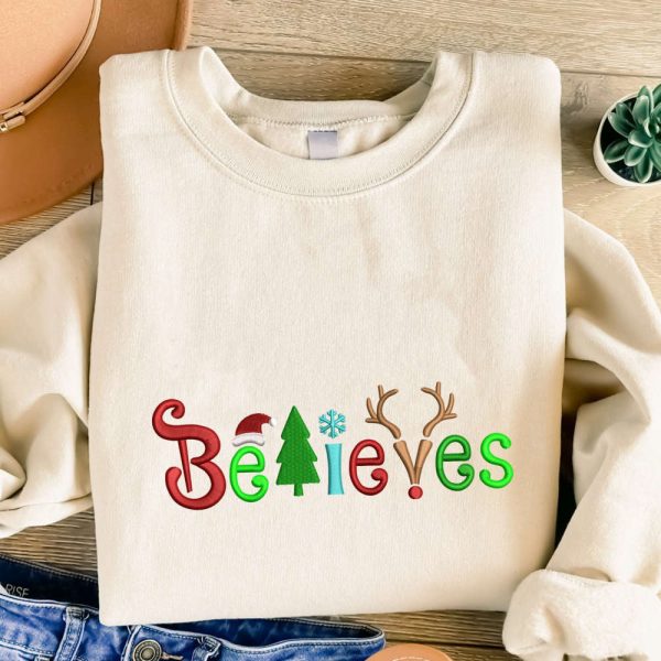 Christmas Believes Embroidered Sweatshirt, Christmas Embroidery Crewneck For Family