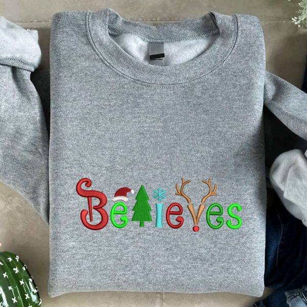 Christmas Believes Embroidered Sweatshirt, Christmas Embroidery Crewneck For Family