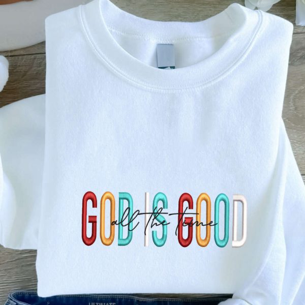 God is Good Embroidered Sweatshirt, Christmas Embroidery Crewneck For Family