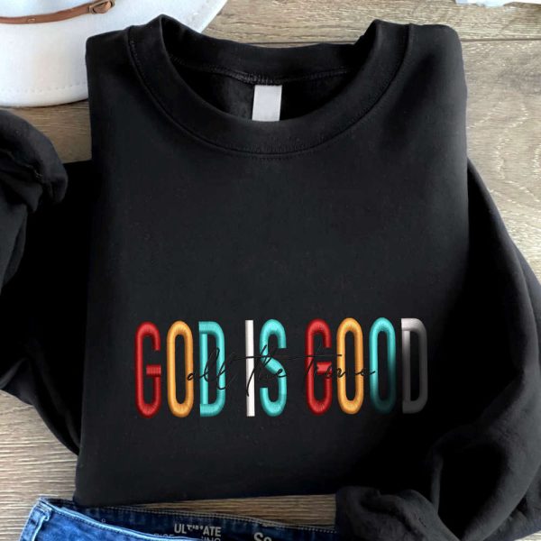 God is Good Embroidered Sweatshirt, Christmas Embroidery Crewneck For Family