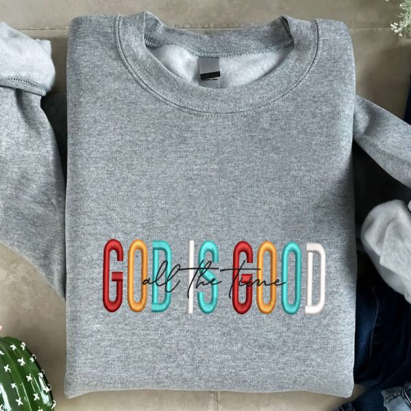 God is Good Embroidered Sweatshirt, Christmas Embroidery Crewneck For Family