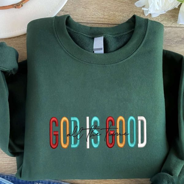 God is Good Embroidered Sweatshirt, Christmas Embroidery Crewneck For Family