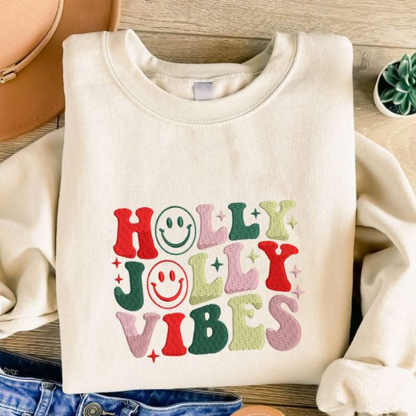 Christmas Holly Jolly Vibes Embroidered Sweatshirt, Best Gift For Family