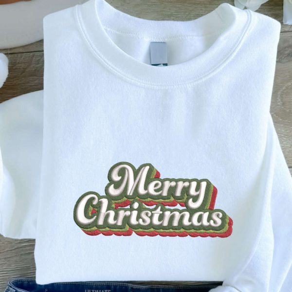 Merry Christmas Embroidered Sweatshirt, Christmas Embroidered Sweatshirt For Family