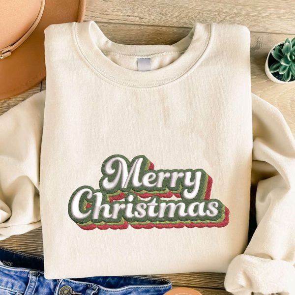 Merry Christmas Embroidered Sweatshirt, Christmas Embroidered Sweatshirt For Family