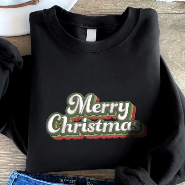 Merry Christmas Embroidered Sweatshirt, Christmas Embroidered Sweatshirt For Family