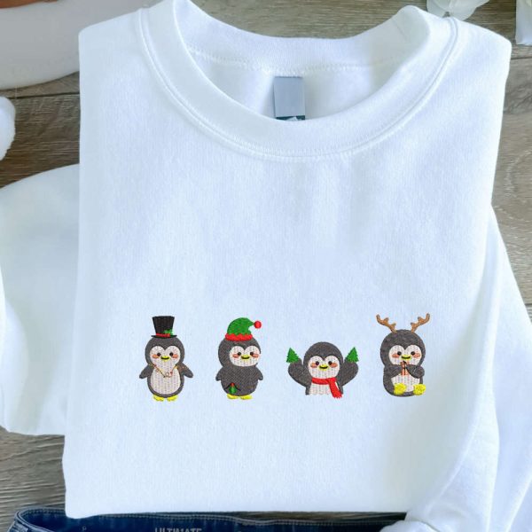 Christmas Penguin Embroidered Sweatshirt, Embroidered Sweatshirt For Family