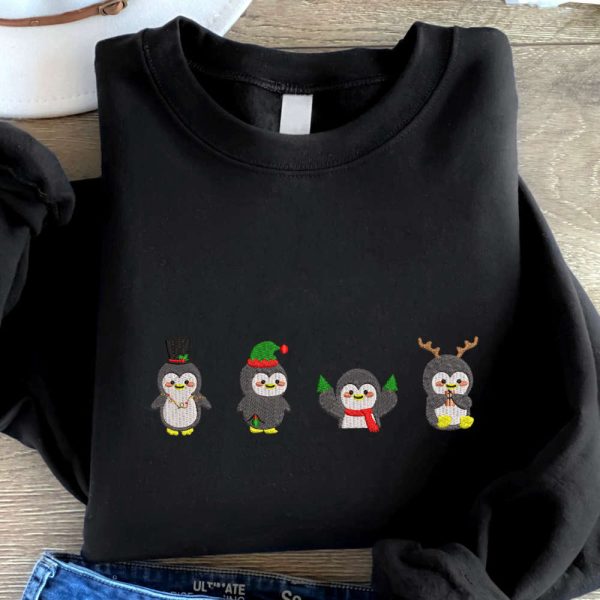 Christmas Penguin Embroidered Sweatshirt, Embroidered Sweatshirt For Family