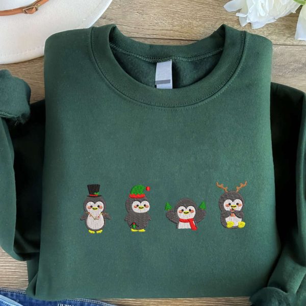 Christmas Penguin Embroidered Sweatshirt, Embroidered Sweatshirt For Family