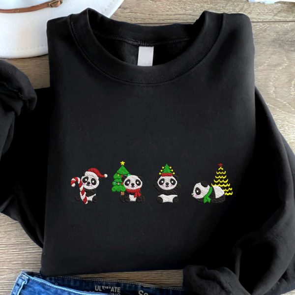 Christmas Panda Embroidered Sweatshirt, Cute Panda Embroidered Sweatshirt For Family