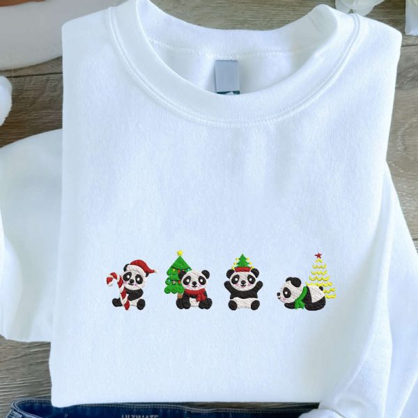 Christmas Panda Embroidered Sweatshirt, Cute Panda Embroidered Sweatshirt For Family