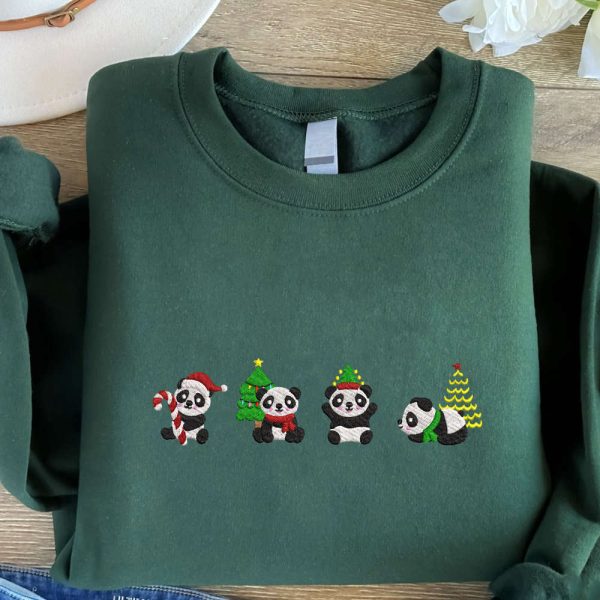 Christmas Panda Embroidered Sweatshirt, Cute Panda Embroidered Sweatshirt For Family