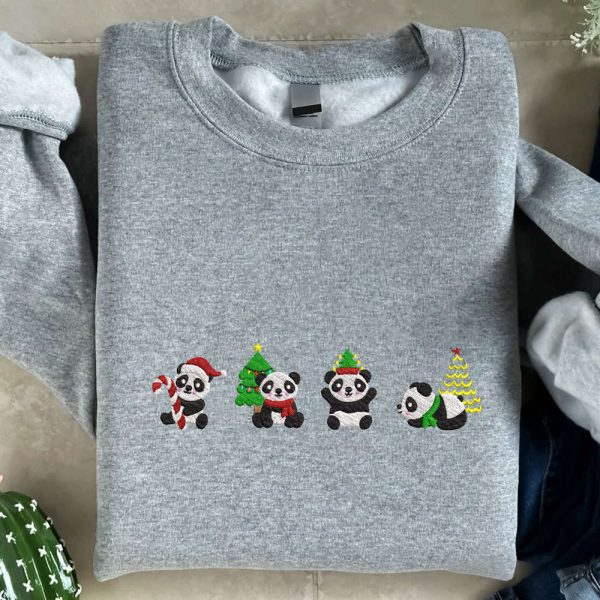 Christmas Panda Embroidered Sweatshirt, Cute Panda Embroidered Sweatshirt For Family