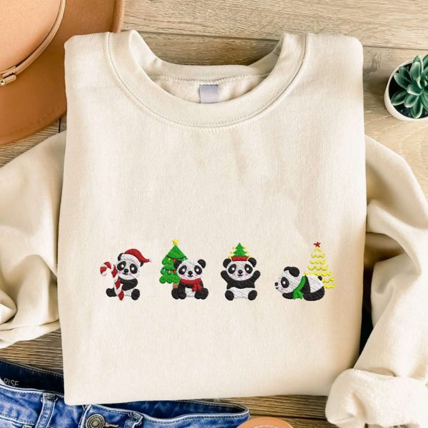 Christmas Panda Embroidered Sweatshirt, Cute Panda Embroidered Sweatshirt For Family