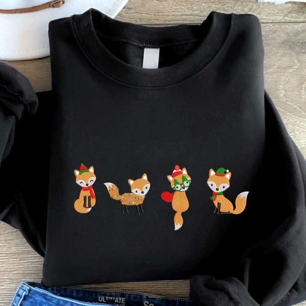 Christmas Foxes Embroidered Sweatshirt, Cute Fox Embroidered Sweatshirt For Family