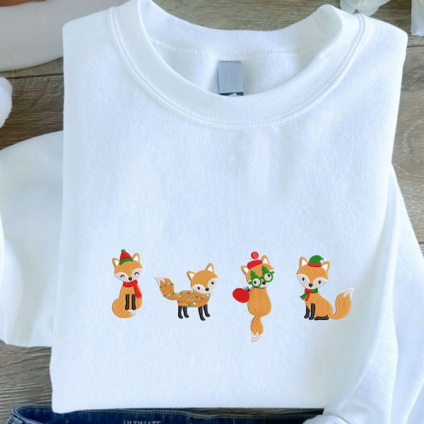 Christmas Foxes Embroidered Sweatshirt, Cute Fox Embroidered Sweatshirt For Family