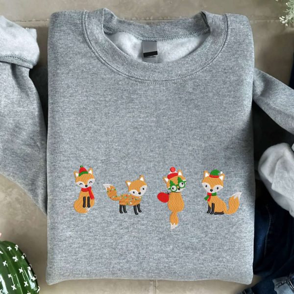 Christmas Foxes Embroidered Sweatshirt, Cute Fox Embroidered Sweatshirt For Family