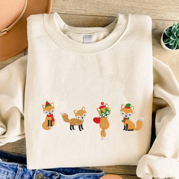 Christmas Foxes Embroidered Sweatshirt, Cute Fox Embroidered Sweatshirt For Family