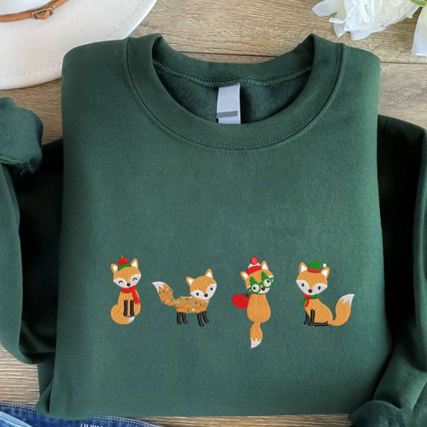 Christmas Foxes Embroidered Sweatshirt, Cute Fox Embroidered Sweatshirt For Family