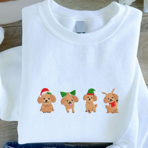 Christmas Dogs Embroidered Sweatshirt, Dogs Embroidered Sweatshirt For Christmas