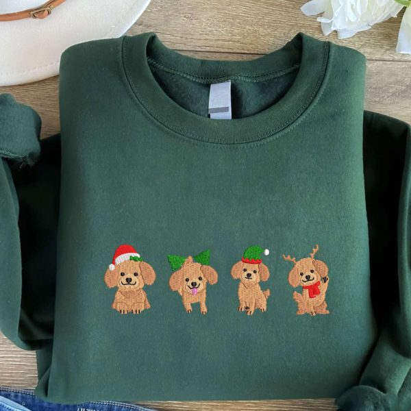 Christmas Dogs Embroidered Sweatshirt, Dogs Embroidered Sweatshirt For Christmas