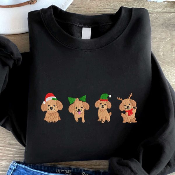 Christmas Dogs Embroidered Sweatshirt, Dogs Embroidered Sweatshirt For Christmas