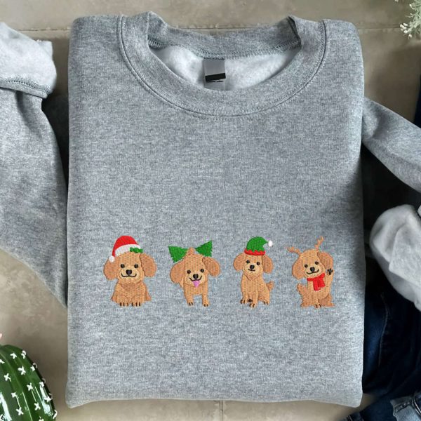 Christmas Dogs Embroidered Sweatshirt, Dogs Embroidered Sweatshirt For Christmas