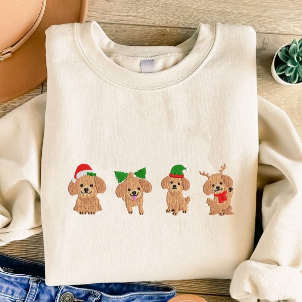 Christmas Dogs Embroidered Sweatshirt, Dogs Embroidered Sweatshirt For Christmas