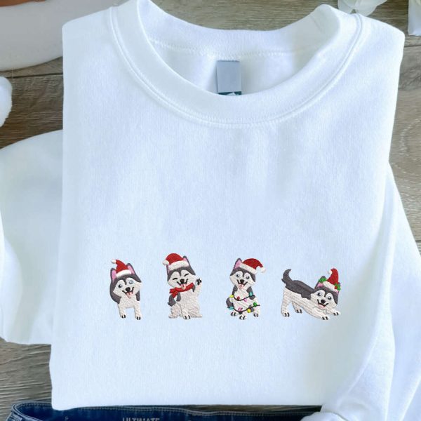 Husky Christmas Embroidered Sweatshirt, Dogs Embroidered Sweatshirt, Dog Lover Gift