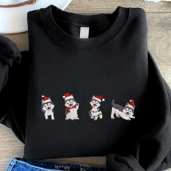 Husky Christmas Embroidered Sweatshirt, Dogs Embroidered Sweatshirt, Dog Lover Gift