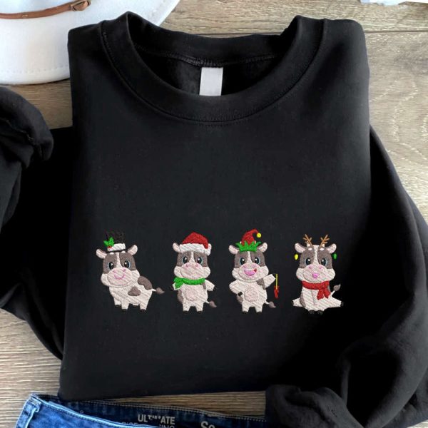 Christmas Cows Embroidered Sweatshirt, Cute Cows Embroidered Sweatshirt, For Christmas