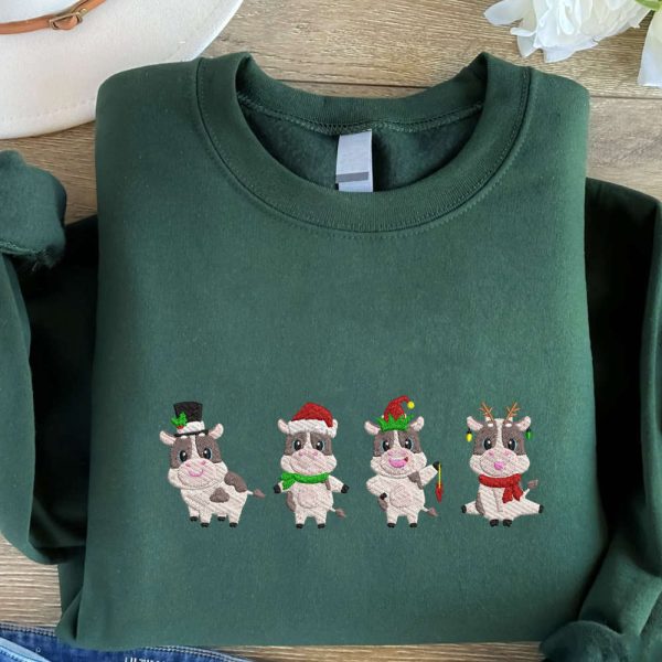 Christmas Cows Embroidered Sweatshirt, Cute Cows Embroidered Sweatshirt, For Christmas