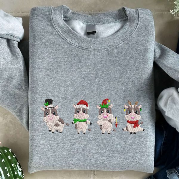 Christmas Cows Embroidered Sweatshirt, Cute Cows Embroidered Sweatshirt, For Christmas