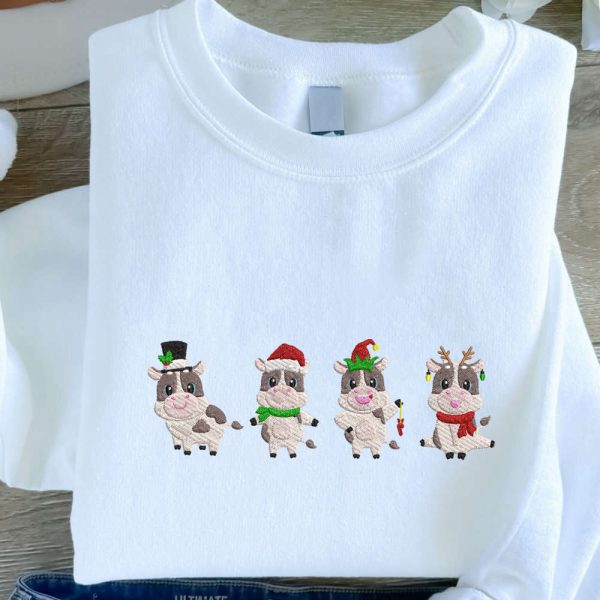 Christmas Cows Embroidered Sweatshirt, Cute Cows Embroidered Sweatshirt, For Christmas