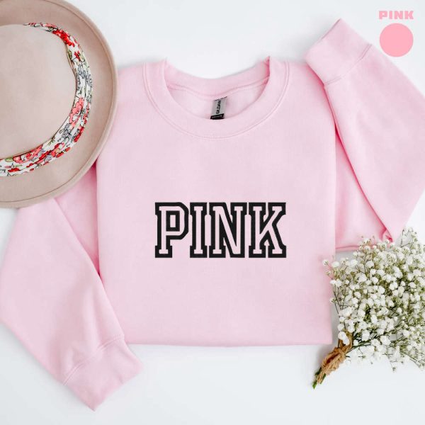 Embroidered Pink Sweatshirt, 2D Crewneck Sweatshirt For Music Lover